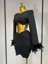 Luxury Birthday Dress Women Sexy Long Sleeve Feather Black Mesh Mini Bodycon Bandage Dress Elegant Evening Club Party Dress 